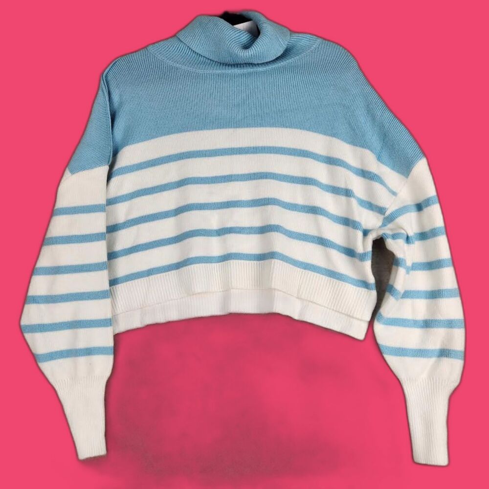 Merokeety Women's Pullover Blue & White Cropped Sweater Size Small